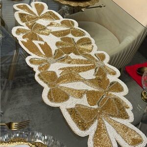 Elegant Gold and White Beaded Table Runner